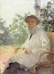Porträt von Lev Nikolaevich Tolstoy (1828-1910) auf der Terrasse, 1905
